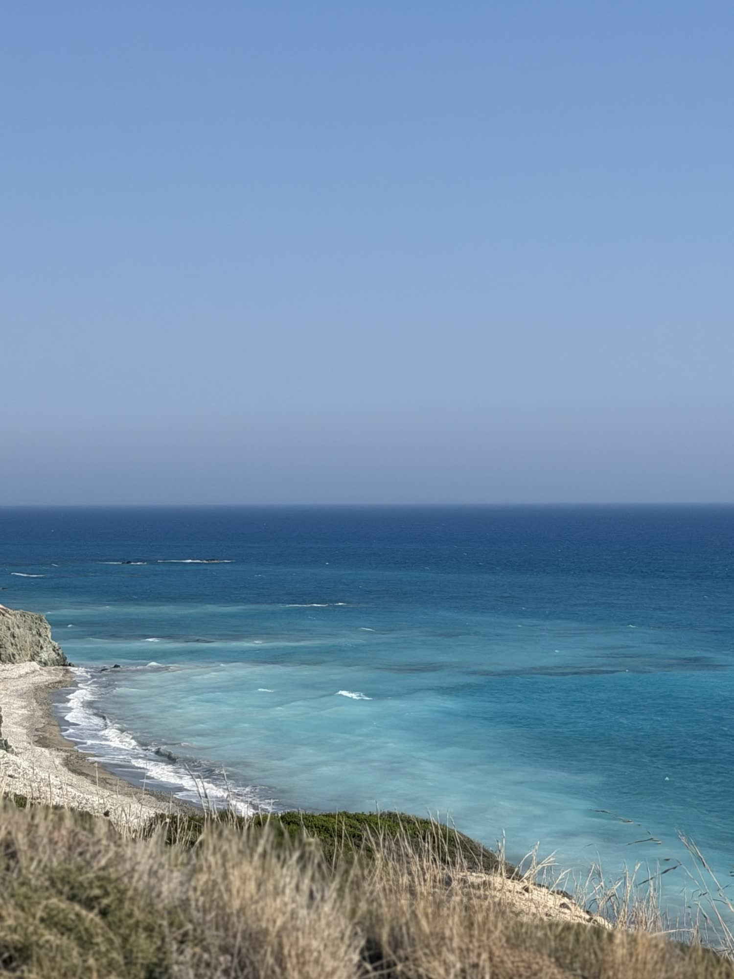A cliff and a pebble beach seen from above, turquoise water under a clear sky